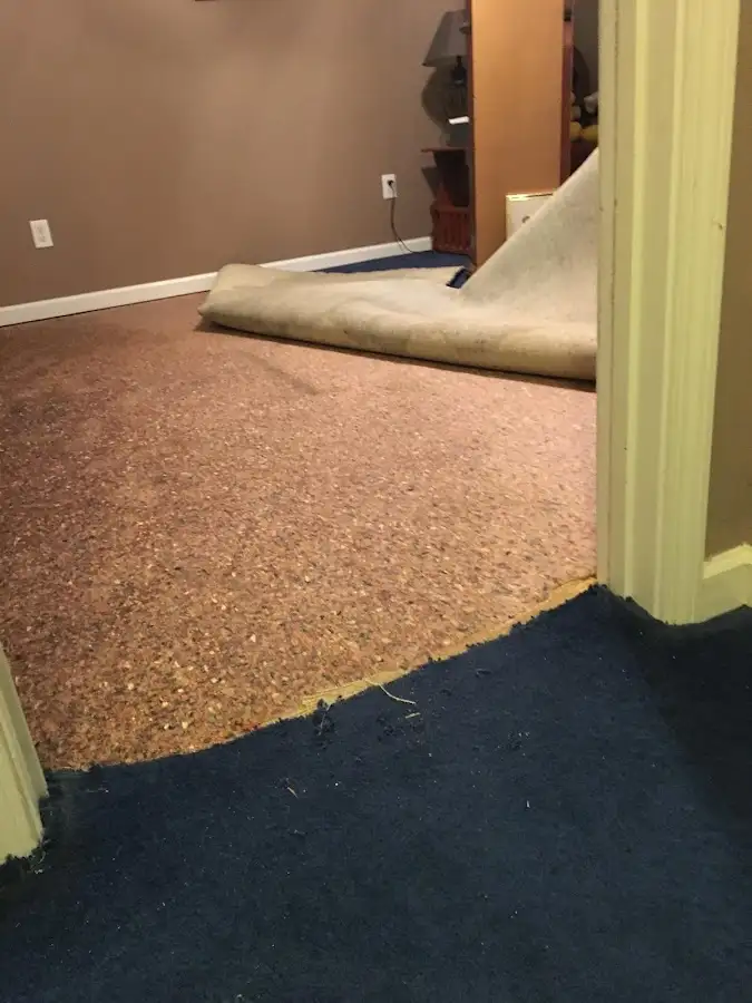 Carpet pad removal revealing water damage during Water Mitigation Services in Chatham